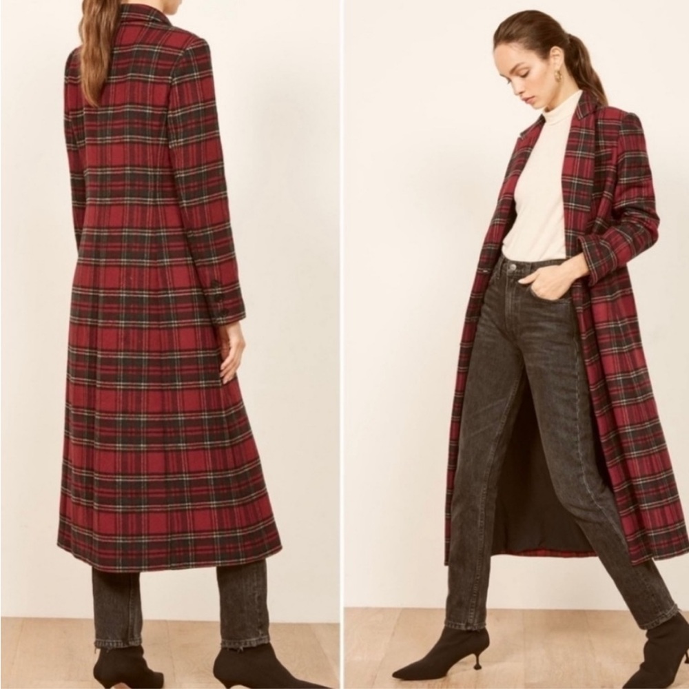 Beautiful 70% wool Reformation Middlebury long plaid coat, size Large